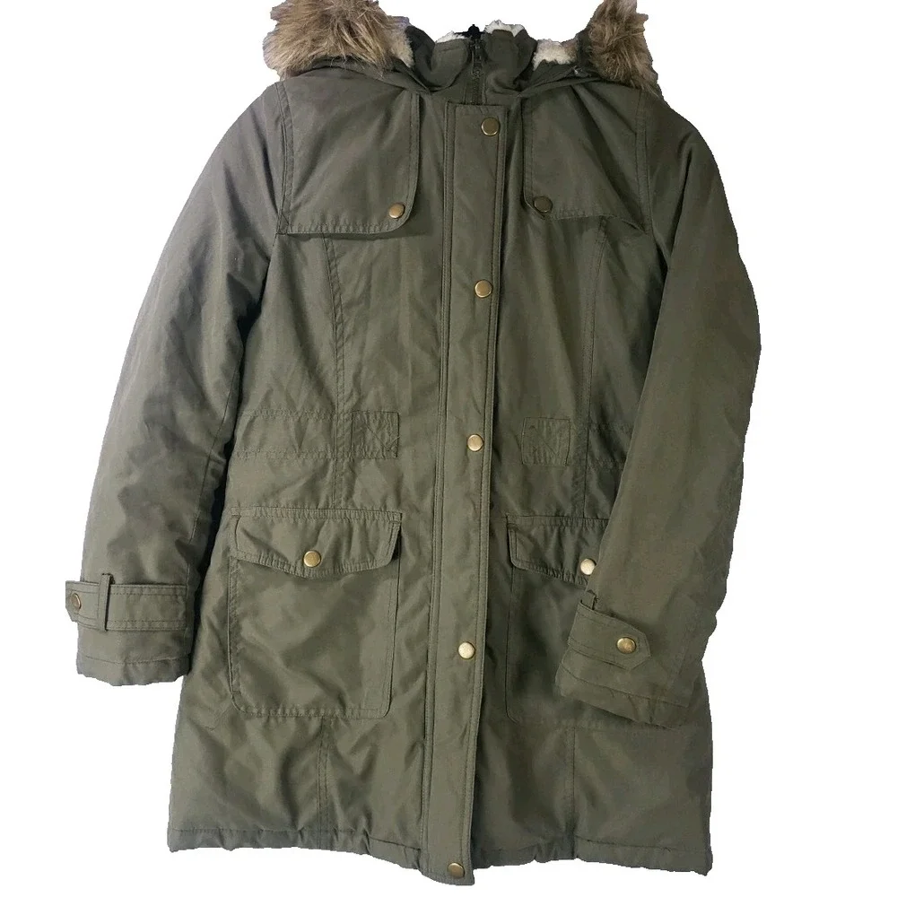 Rothschild Girls Size 14 Olive Green Hooded Parka Coat Faux Fur Trim Jacket